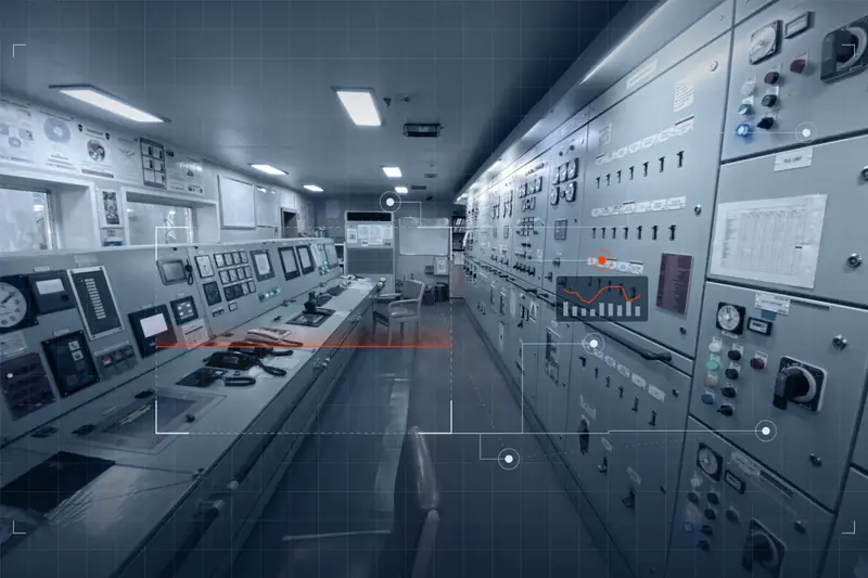 Ship engine control room with switchboards and consoles