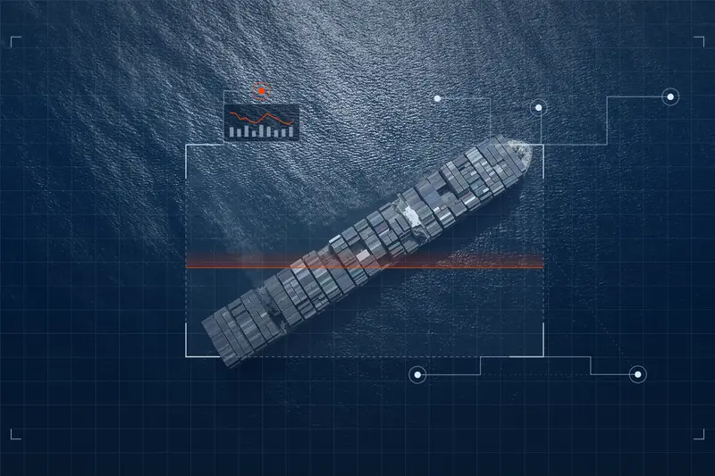 Aerial view of a container ship on open water